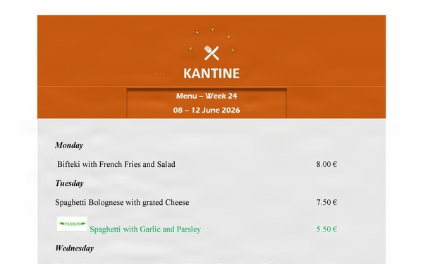 Kantine Menü - 8-12 June 2026