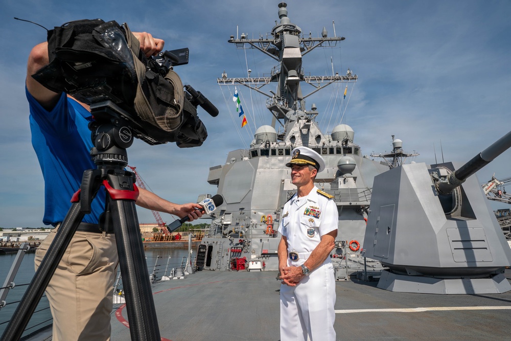 Vice Adm. Doug Perry participates in Wavy10 interview aboard DDG 128