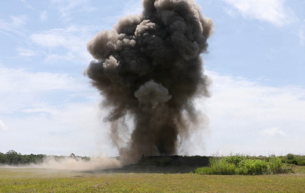 Engineers detonate confidence, shape and crater charges.