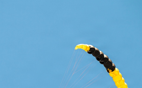 U.S. Army Golden Knights parachutist descends under black and gold canopy during Hyundai Air and Sea Show