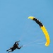 U.S. Army Golden Knights parachutist descends under black and gold canopy during Hyundai Air and Sea Show