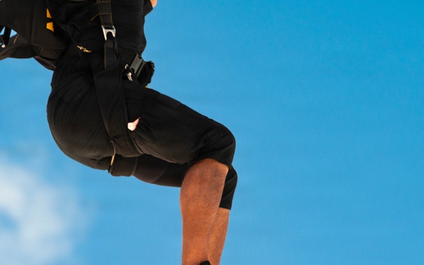 U.S. Army Golden Knights parachutist descends under black and gold canopy during Hyundai Air and Sea Show