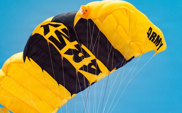 U.S. Army Golden Knights parachutist descends under black and gold canopy during Hyundai Air and Sea Show