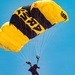 U.S. Army Golden Knights parachutist descends under black and gold canopy during Hyundai Air and Sea Show