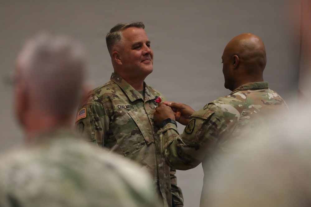 300th Military Intelligence Brigade (Linguist) bids farewell to Col. Scott Chalmers and welcomes Lt. Col. John Isom in a combined retirement and change of command ceremony