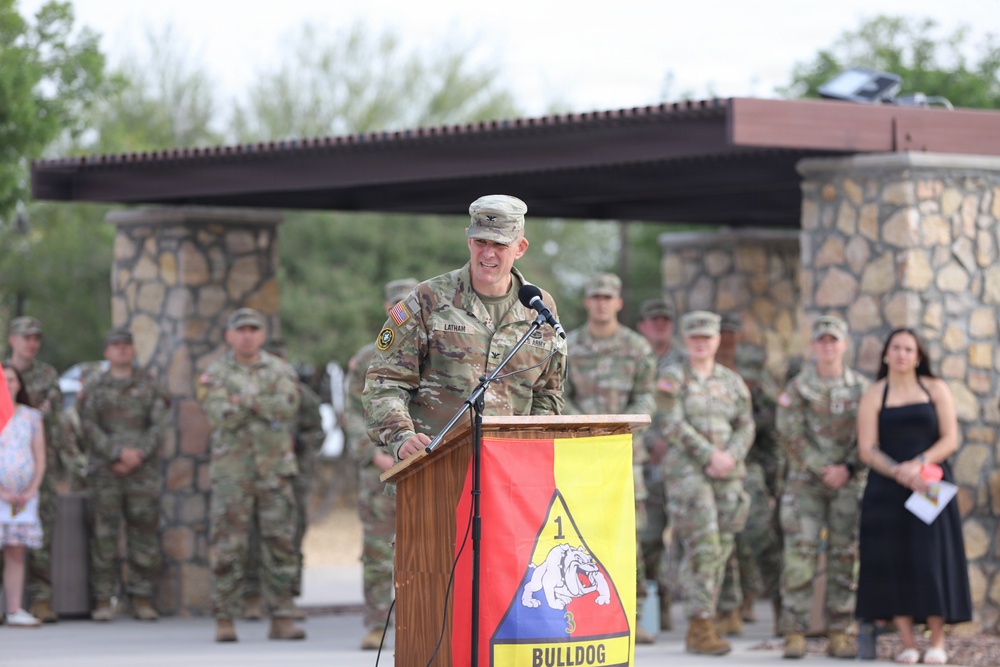 Col. Adam Latham delivers farewell remarks to Bulldog Brigade