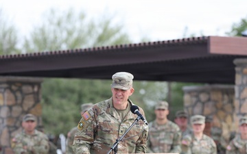 Col. Adam Latham delivers farewell remarks to Bulldog Brigade