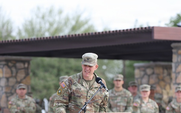 Col. Adam Latham delivers farewell remarks to Bulldog Brigade