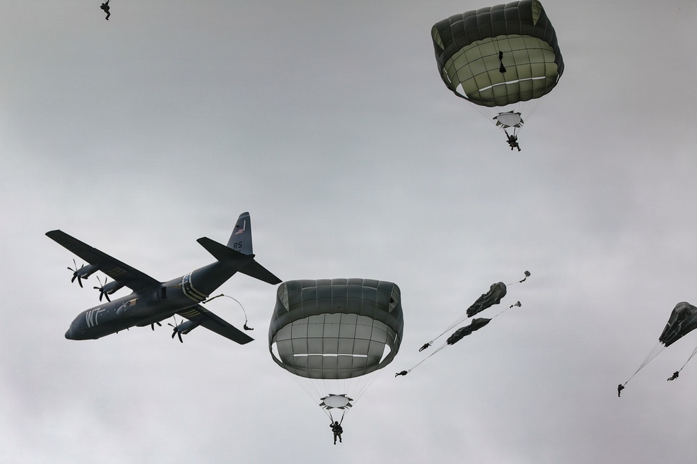 Paratroopers jump into Iron Mike DZ, Normandy 82