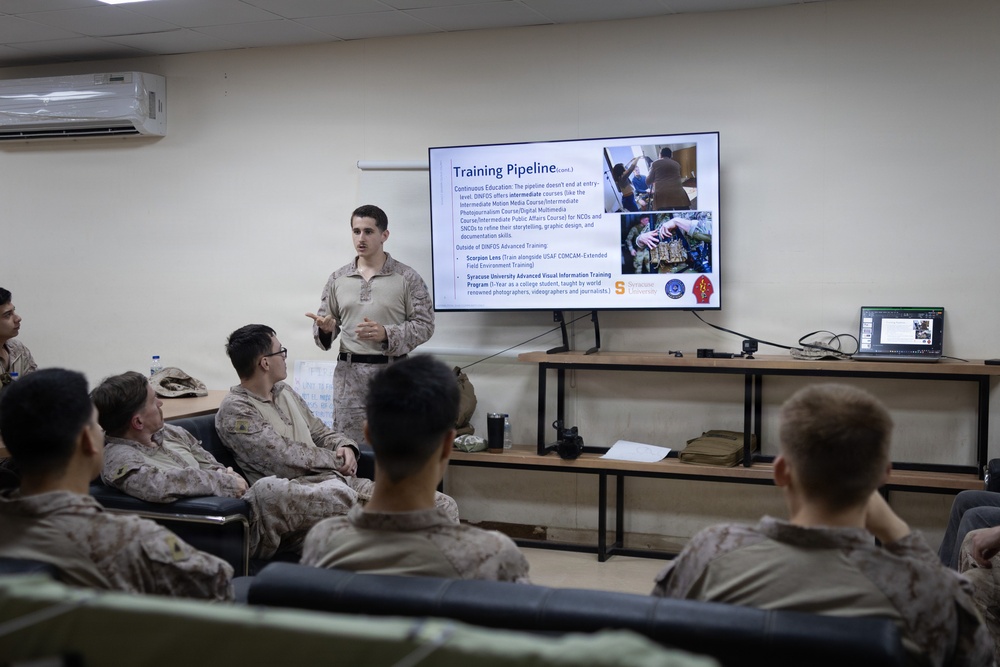 U.S. Marines and Sailors Attend a COMMSTRAT MOS Overview Class