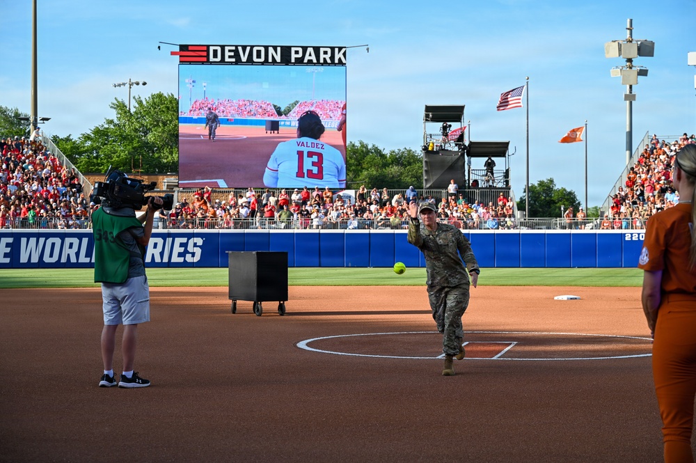OC-ALC Commander Throws Ceremonial First Pitch at Women's College World Series Finals