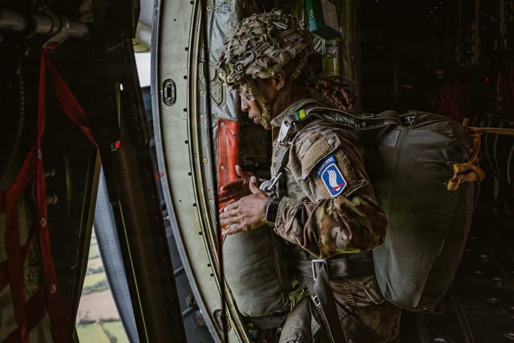 U.S. and Allied Paratroopers jump into Iron Mike drop zone for D-Day 82