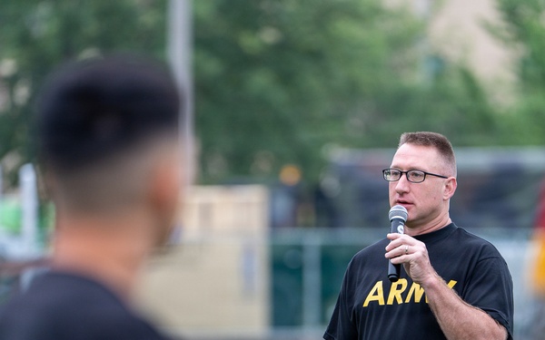 Col. R. Scott Carpenter, MSC-K commander, delivers opening remarks during the 2026 KATUSA Friendship Week Run at Camp Carroll, June 8, 2026.