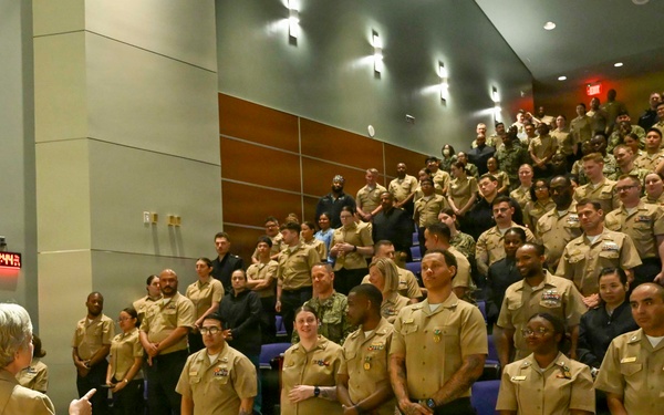 NMRTC Bethesda Commanding Officer Capt. Dietrich addresses Officers and Crew during All-Hands