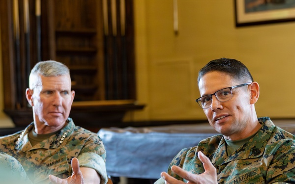 The Commandant, Gen. Eric M. Smith and the Sergeant Major of the Marine Carlos A. Ruiz speak to Bravo Company TBS Instructors and Students