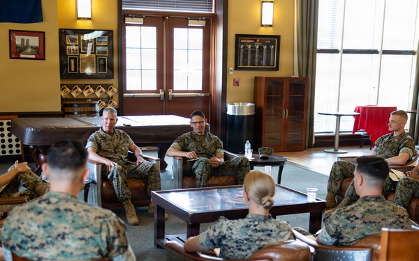 The Commandant, Gen. Eric M. Smith and the Sergeant Major of the Marine Carlos A. Ruiz speak to Bravo Company TBS Instructors and Students