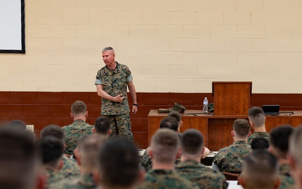 The Commandant, Gen. Eric M. Smith and the Sergeant Major of the Marine Carlos A. Ruiz speak to Bravo Company TBS Instructors and Students