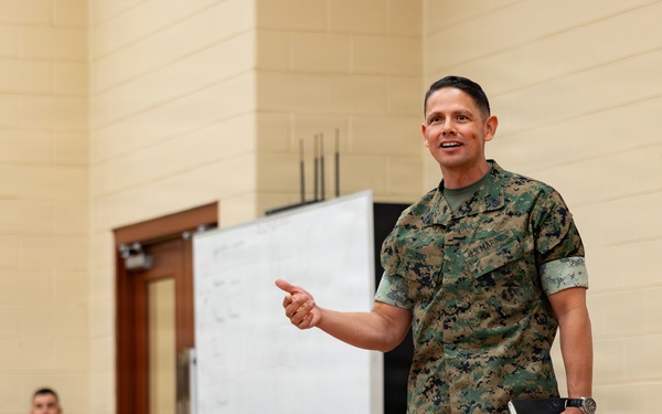 The Commandant, Gen. Eric M. Smith and the Sergeant Major of the Marine Carlos A. Ruiz speak to Bravo Company TBS Instructors and Students