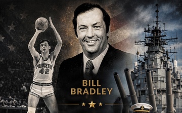 A photo illustration montage depicts basketball stars and military veterans Bill Bradley and David Robinson.