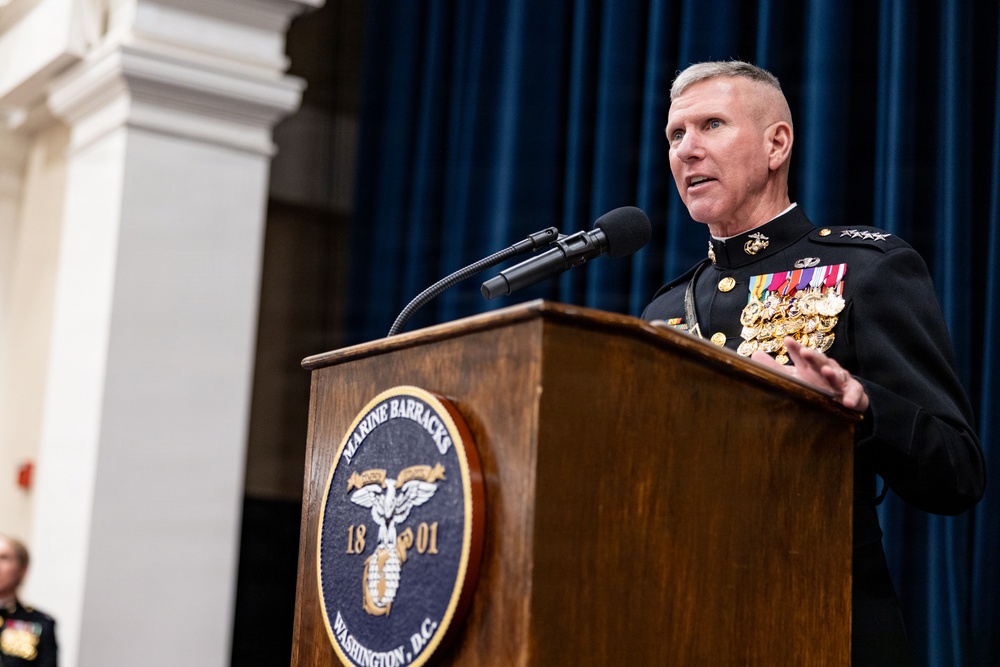 The Commandant, Gen. Eric M. Smith hosts Evening Parade for Chairman Gen. Dan Caine