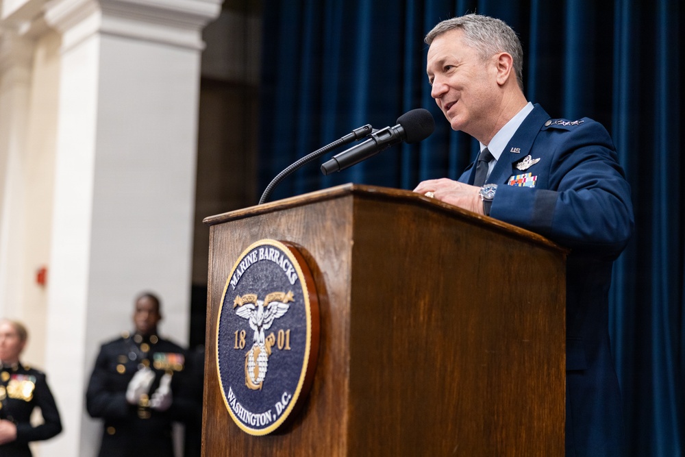 The Commandant, Gen. Eric M. Smith hosts Evening Parade for Chairman Gen. Dan Caine
