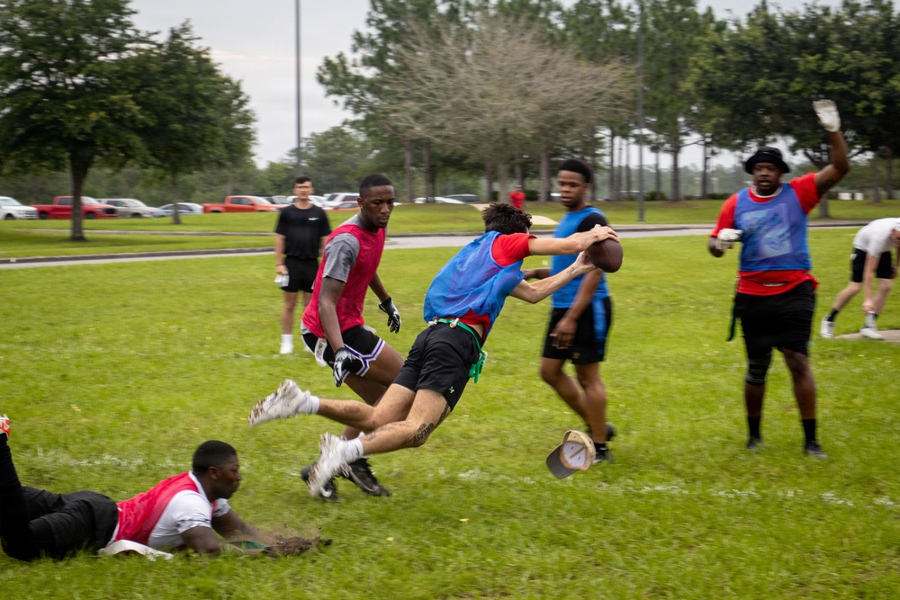 Soldiers assigned to 7th Special Forces Group (Airborne) partake in a football tournament during Red Empire Week 2026