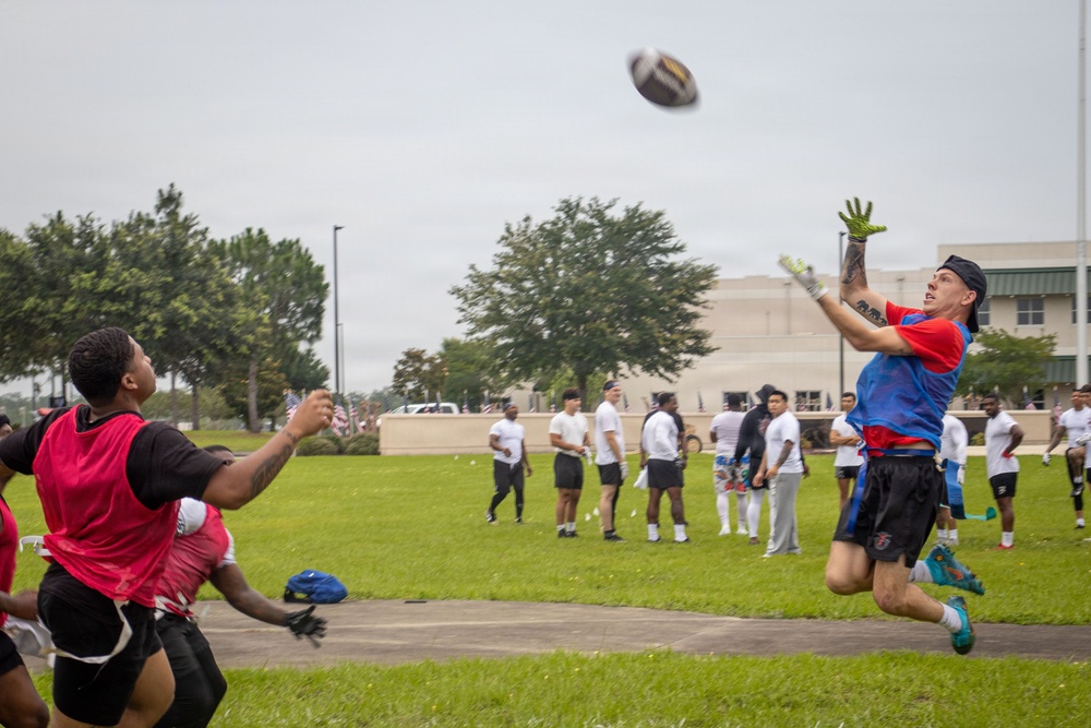 Soldiers assigned to 7th Special Forces Group (Airborne) partake in a football tournament during Red Empire Week 2026