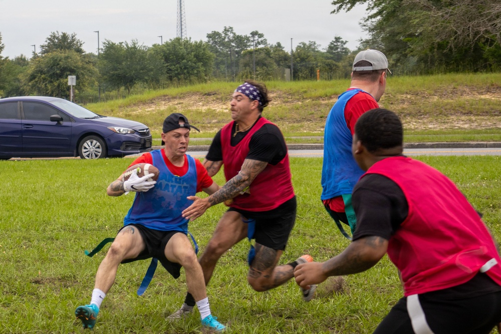 Soldiers assigned to 7th Special Forces Group (Airborne) partake in a football tournament during Red Empire Week 2026