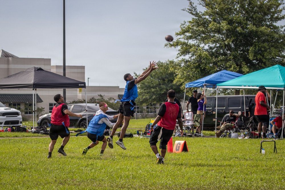 Soldiers assigned to 7th Special Forces Group (Airborne) partake in a football tournament during Red Empire Week 2026