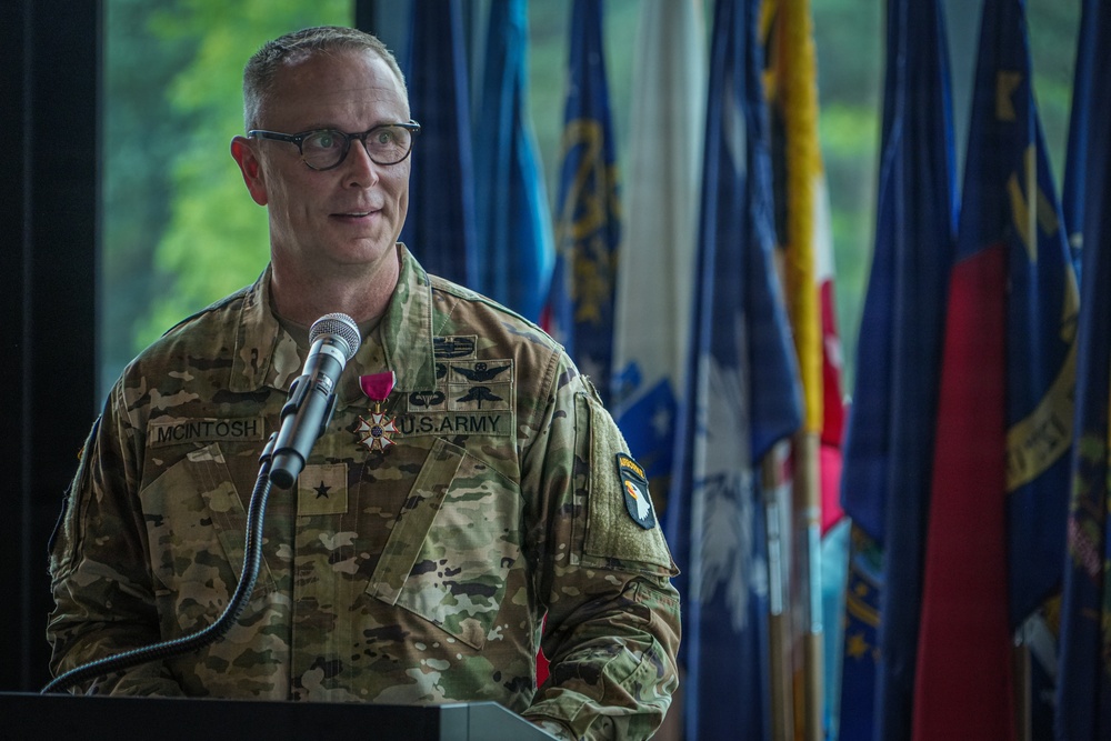 Maj. Gen. Travis McIntosh delivers remarks during an Honor Eagle ceremony