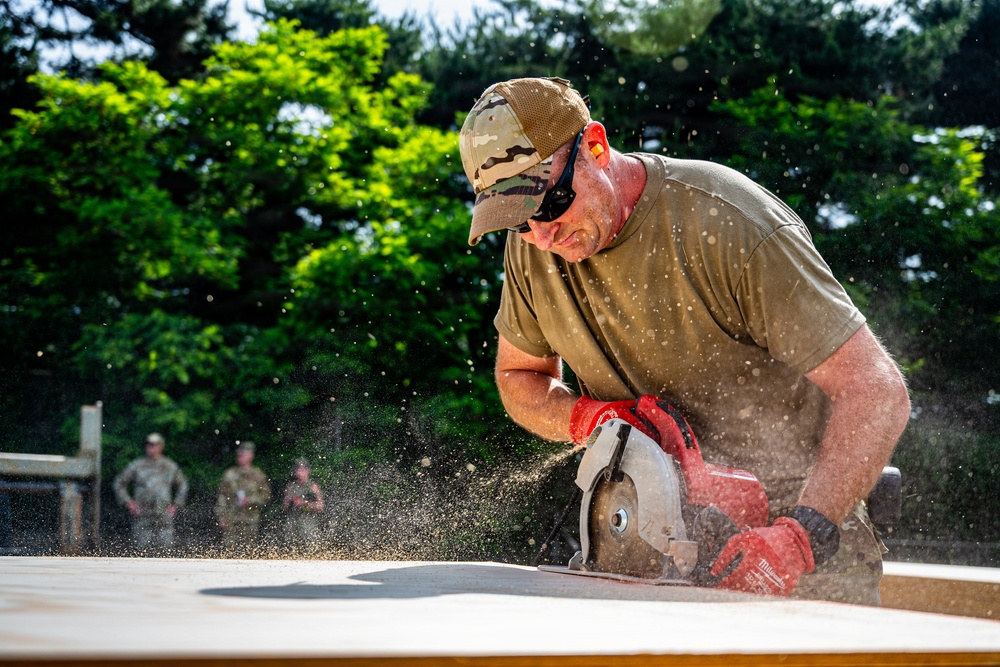 A man wearing military-style clothing and a camouflage cap is using a Milwaukee circular saw to cut a large sheet of plywood or lumber outdoors. Sawdust and wood particles are visibly flying through the air as he works. Two individuals in military uniforms are visible in the blurred background observing the work.