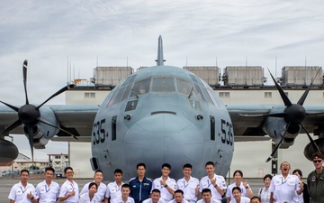 JMSDF Cadets Tour VMGR-152 KC-130J Aircraft at MCAS Iwakuni
