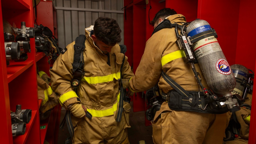 USS Bulkeley (DDG 84) conducts a shipboard firefighting drill in Naval Station Rota, Spain, June 10, 2026