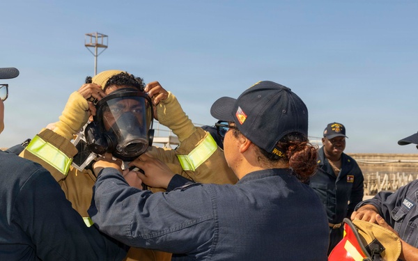USS Bulkeley (DDG 84) conducts a shipboard firefighting drill in Naval Station Rota, Spain, June 10, 2026