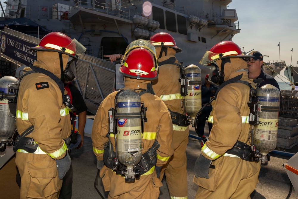 USS Bulkeley (DDG 84) conducts a shipboard firefighting drill in Naval Station Rota, Spain, June 10, 2026