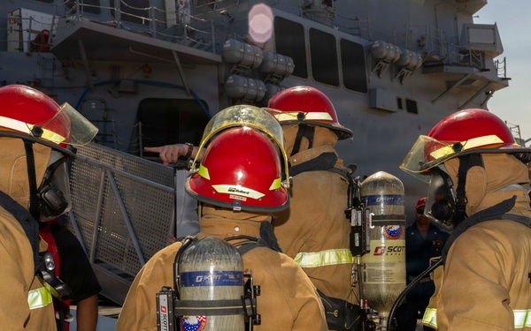 USS Bulkeley (DDG 84) conducts a shipboard firefighting drill in Naval Station Rota, Spain, June 10, 2026