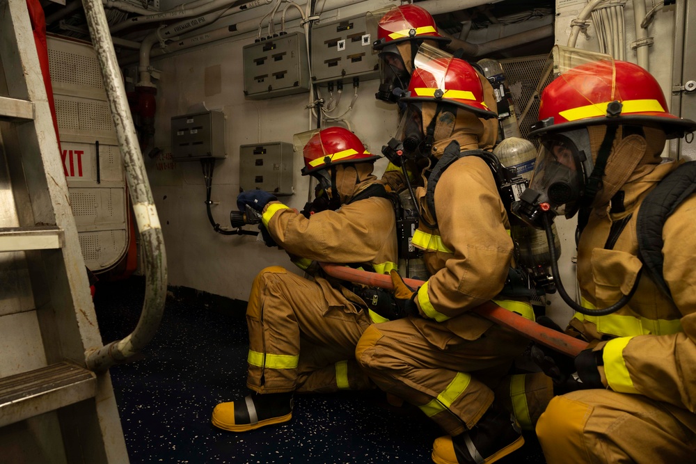 USS Bulkeley (DDG 84) conducts a shipboard firefighting drill in Naval Station Rota, Spain, June 10, 2026