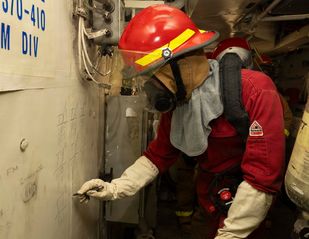 USS Bulkeley (DDG 84) conducts a shipboard firefighting drill in Naval Station Rota, Spain, June 10, 2026