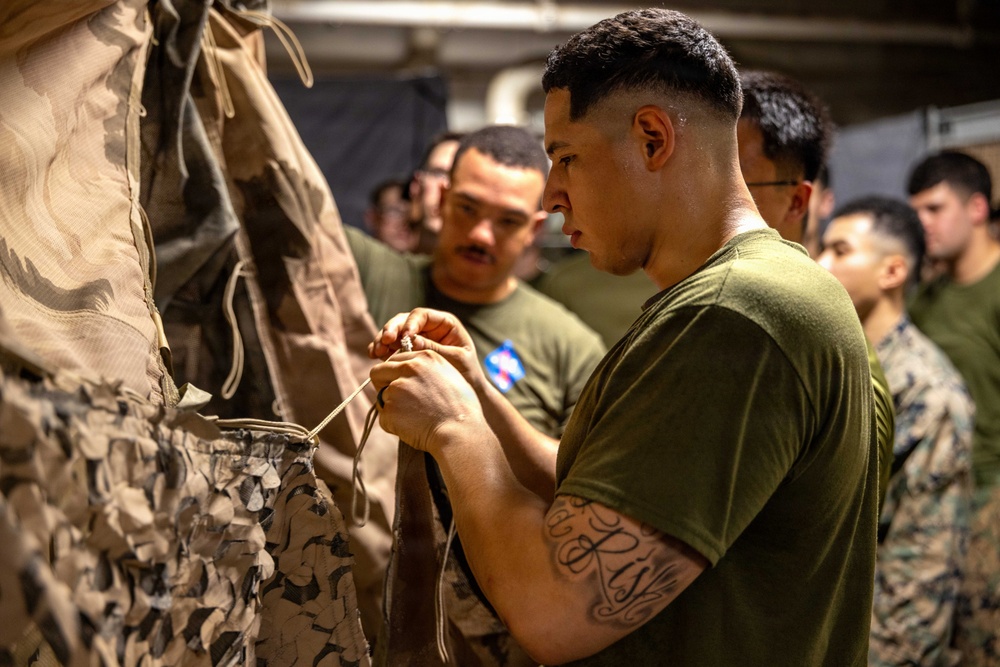 11th MEU Marines, Sailors Conduct Camouflage Net Familiarization Training aboard USS Boxer