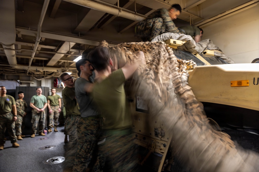 11th MEU Marines, Sailors Conduct Camouflage Net Familiarization Training aboard USS Boxer