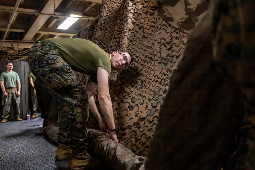 11th MEU Marines, Sailors Conduct Camouflage Net Familiarization Training aboard USS Boxer