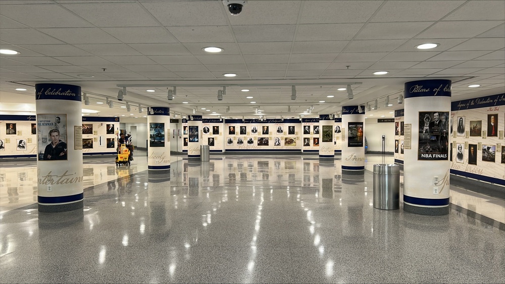 Pillar posters are on display in a Pentagon apex.