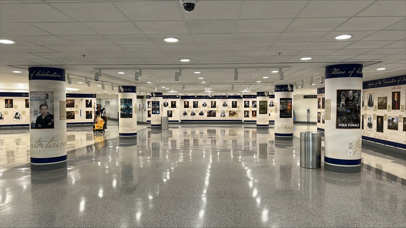 Pillar posters are on display in a Pentagon apex.