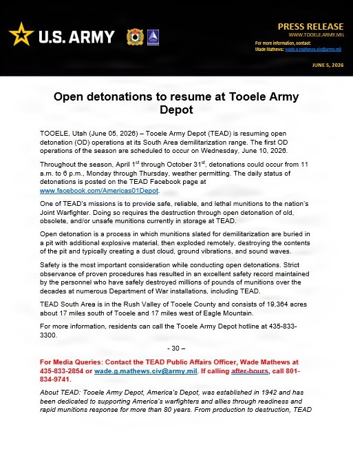 Open detonations to resume at Tooele Army Depot