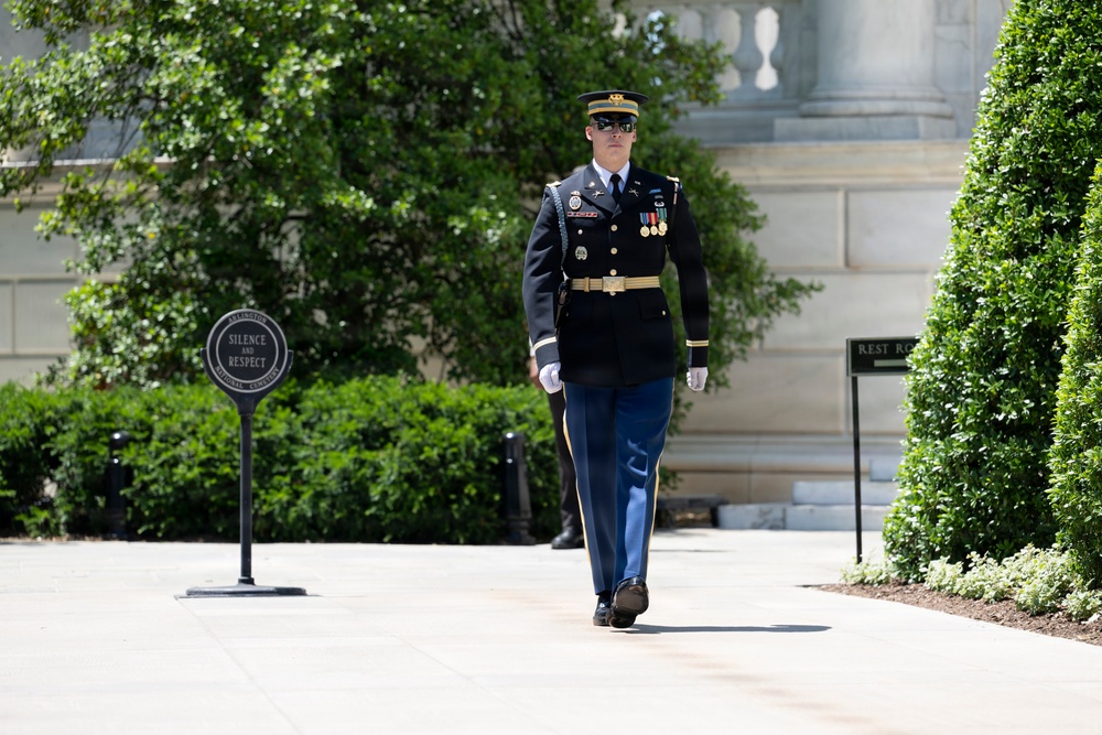 Commander of the Guard U.S. Army Capt. Sean Paul Stolarski Conducts His Last Walk as a Tomb Sentinel