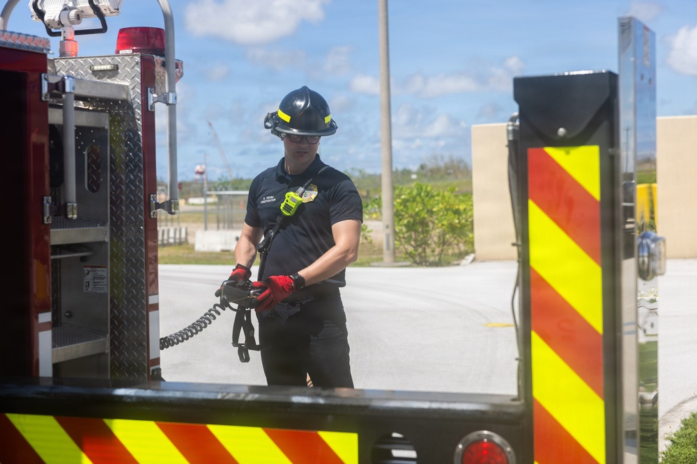 Camp Blaz firefighters perform an ariel pump test