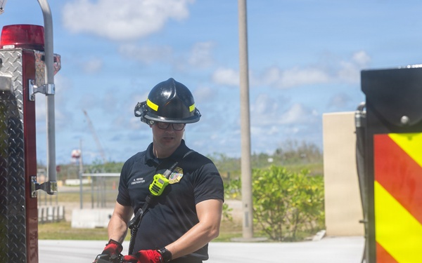 Camp Blaz firefighters perform an ariel pump test