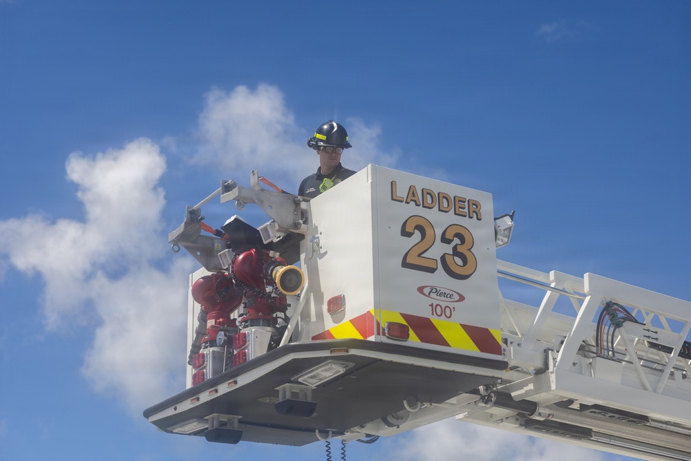 Camp Blaz firefighters perform an ariel pump test