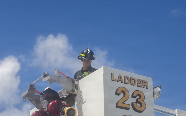 Camp Blaz firefighters perform an ariel pump test