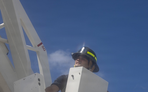 Camp Blaz firefighters perform an ariel pump test